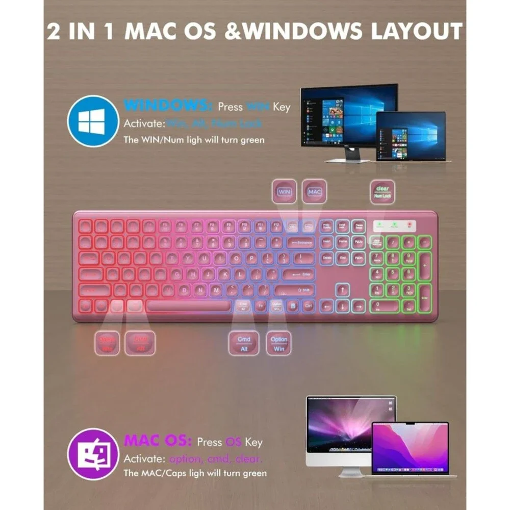 Wireless Keyboard and Mouse Combo, RGB Backlit Rechargeable Soft Typing Wine Red